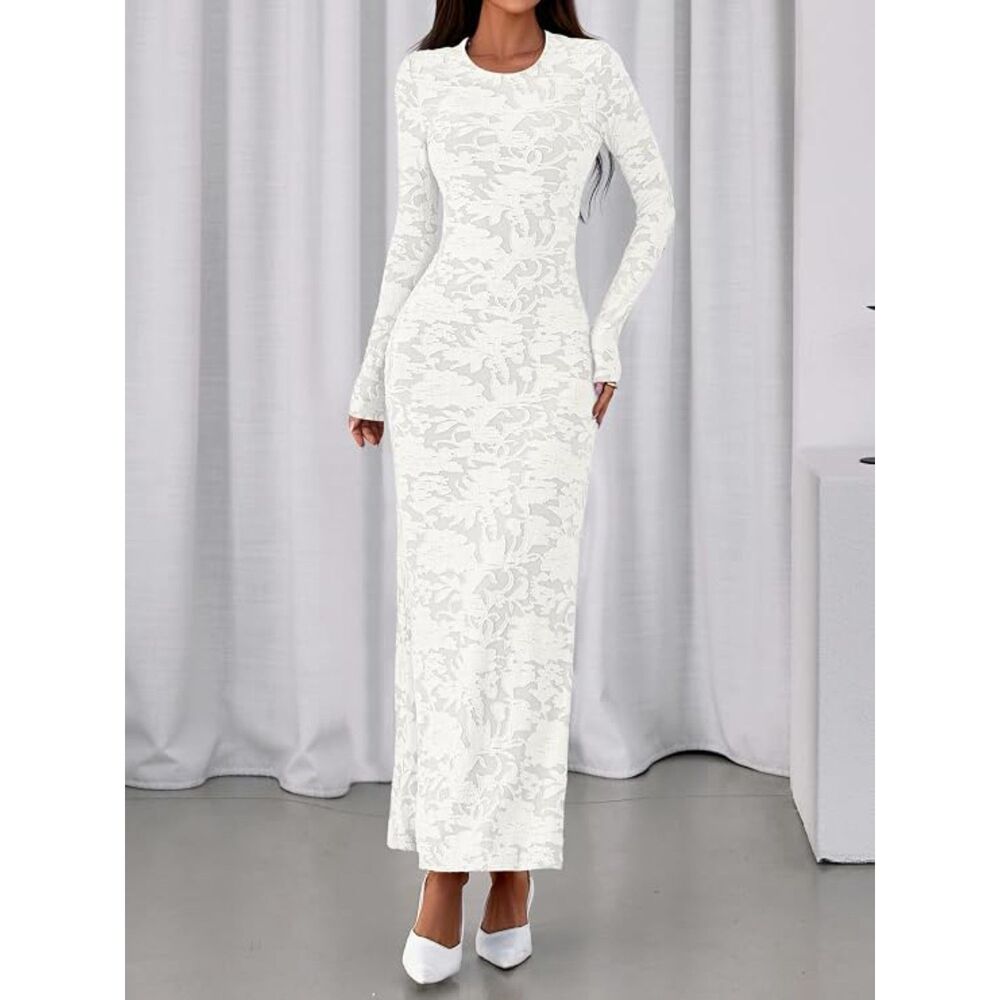 White Floral Lace Maxi Dress Long Sleeve Ruched Bodycon Elegant Cocktail Dress